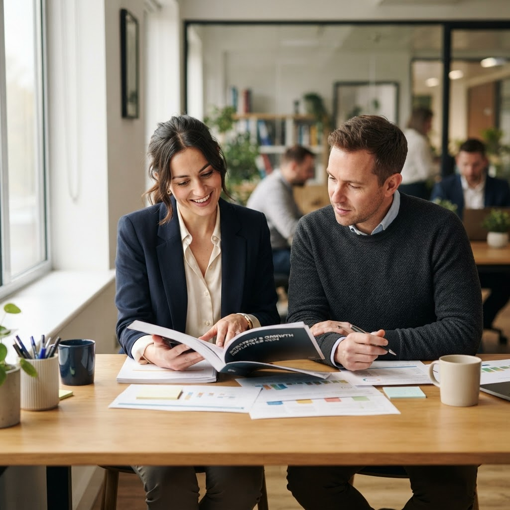 Twee collega's bekijken samen een handboek aan een bureau
